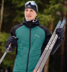 NSM850430-NSM305100 Премиальный костюм для лыж и зимнего бега Nordski Hybrid Hood Premium Black-Alpine Green с лямками купить в Воронеже